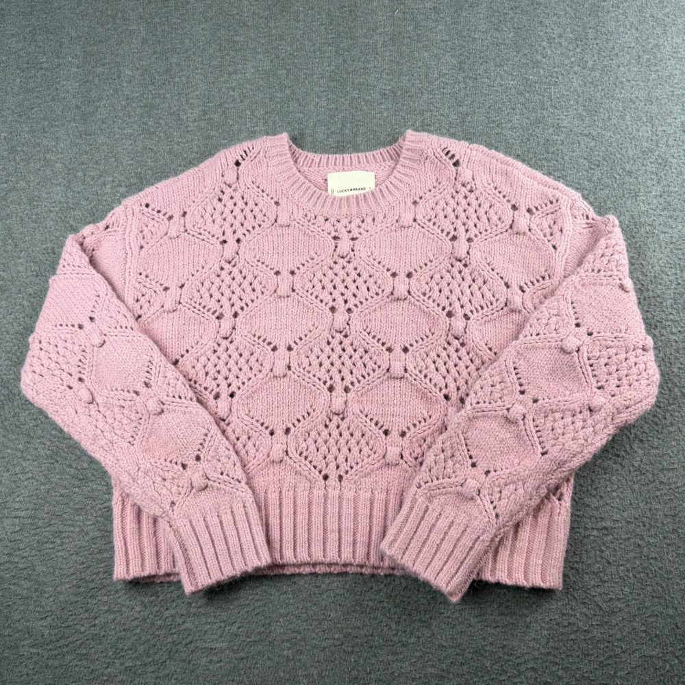 Lucky Brand Sweater Women's Small Pink Pointelle Knit Bobble Diamond Crew Neck